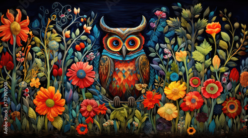 an owl scene in a field of colorful flowers