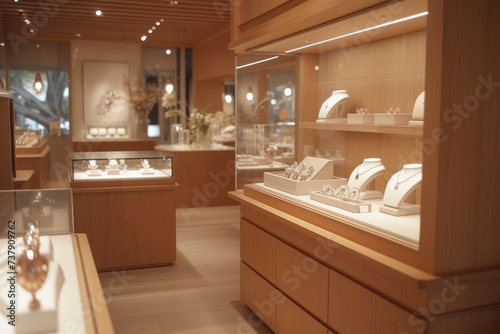 Interior of jewelry boutique. Showcases with luxurious women's jewelry made of gold and precious stones.