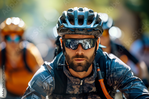 Close-up of male mountain biker in safety helmet and sunglasses riding a bike. Handsome determined Caucasian athlete in a team of like-minded people. Active lifestyle concept.