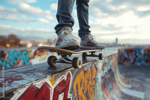 Low angle cropped shot of a male skateboarder riding in a skate park. Motley multi-colored graffiti on the background. Urban subculture and sports, active lifestyle.