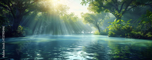 Portrait of river surrounded tropical green forest with sunlight through tree crowns. Comfortable place to calm the mind. Natural ecosystem forest conservation. Generative AI