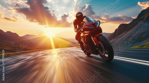 Motorcycle rider riding on the road. Extreme sport and travel concept .