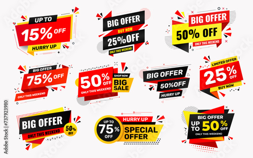 Sale Discount tag set with different percent. Promo price tag design. Product discount festival label collection. Super Sale promotion banner template. Flat sale Vector Illustration.