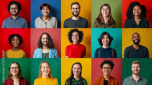 Collage de 15 personnes de diverses origine ethnique exprimant des émotions positives sur fond coloré