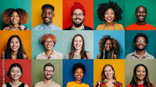 Collage de 15 personnes de diverses origine ethnique exprimant des émotions positives sur fond coloré