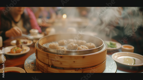 Steamed dumpling dim sum in chinese restaurant, blurred background