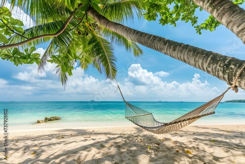 A serene tropical beach scene with a palm tree hammock and clear blue ocean. Concept Serene Beach Escape, Tropical Paradise, Hammock Haven, Azure Waters, Palm Tree Serenity