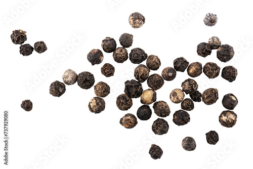 Black pepper seeds, pile of aromatic peppercorn spice, dried cooking spicy ingredients, graphic element isolated on a transparent background