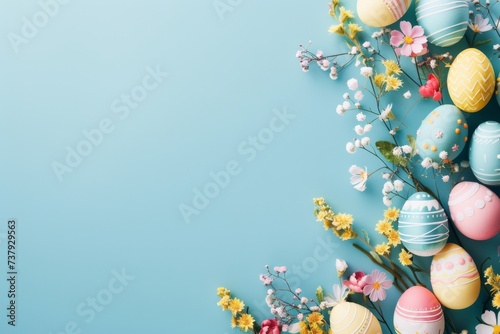 Happy Easter Eggs Basket Lush Green. Bunny in easter jasmine flower Garden. Cute 3d foxgloves easter rabbit illustration. Easter Aegean blue card wallpaper easter marigold