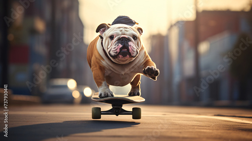 A bulldog riding skateboard
