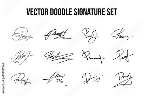 Handwritten fake signature set. Collection of vector fictitious autograph doodles on P letter. Scrawl lettering for business, signing of documents, certificates and contracts.