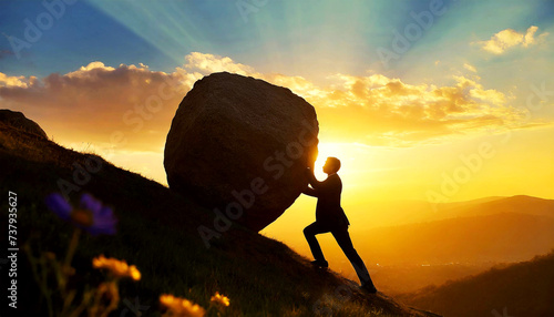 Silhouette of businessman pushing huge stone boulder up on hill at sunset or sunrise. Metaphor of Sisyphus, character from Greek mythology. Generative Ai.