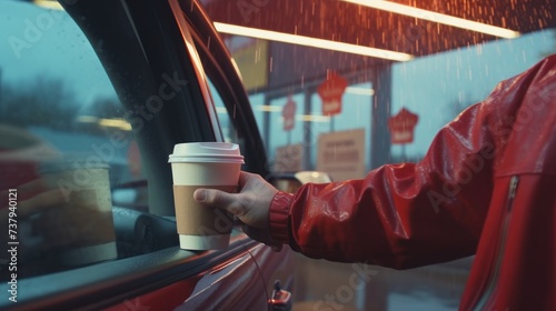 Hand Man in car receiving coffee in drive thru fast food restaurant. Staff serving takeaway order for driver in delivery window. Drive through and takeaway for buy fast food for protect