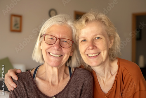 Elderly mother and daughter posing at home. Warm family relationship. Looking at camera, smiling. 