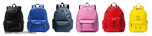 Collection of classic multi pocket backpacks set in different colours isolated on transparent background. Generative AI