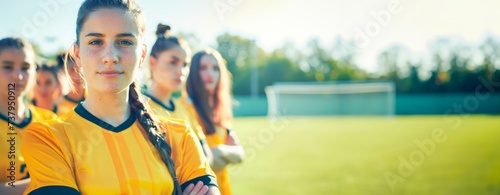 Confident Young Female Footballer with Teammates on Soccer Field Team Spirit and Friendship, soccer, football sport concept, horizontal background 