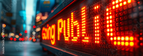 Going Public illuminated text on stock market LED display indicating a company's initial public offering (IPO) amidst financial data