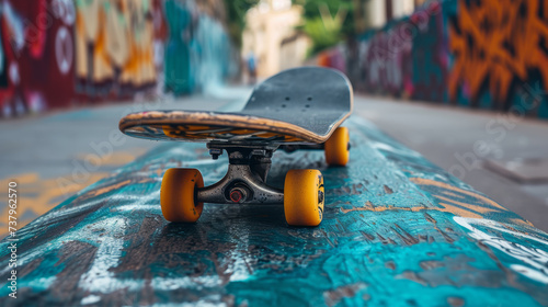 Close-up shot of a skateboard in a skate park. Motley multi-colored graffiti on the background. Urban subculture and sports, active lifestyle.