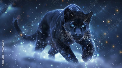 Mystical panther with stars in its fur prowling under a cosmic sky