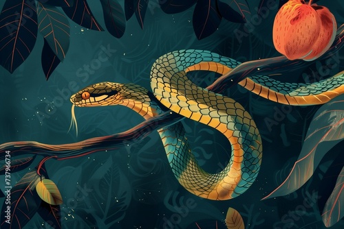 The tempter serpent and the forbidden fruit on a tree branch in the Garden of Eden, a biblical illustration.