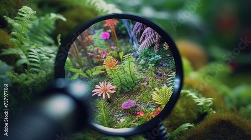 plants focused by a magnifying glass - concept of caring for the planet, generate AI