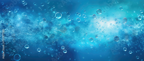 Fresh clear blue liquid sparkling splashes bubbles water with blue white light background created with Generative AI Technology