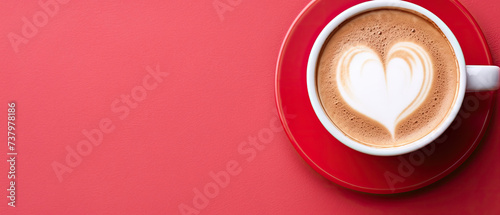 White coffee cup with heart latte art and aromatic cappuccino on red background with empty space for text created with Generative AI Technology
