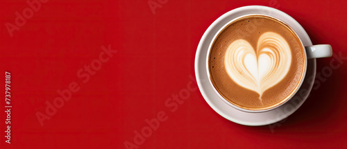 White coffee cup with heart latte art and aromatic cappuccino on red background with empty space for text created with Generative AI Technology