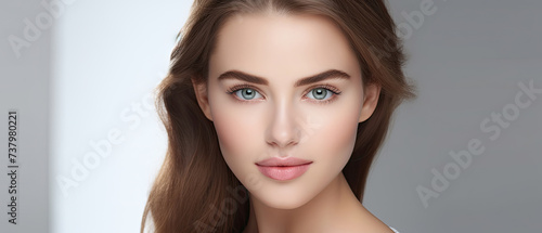 closeup of beautiful young glamorous brunette woman Face model with fresh and healthy skin with natural makeup for Cosmetology, beauty, skincare and spa create with Generative AI Technology