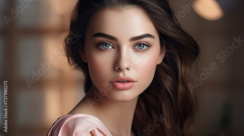 closeup of beautiful young glamorous brunette woman Face model with fresh and healthy skin with natural makeup for Cosmetology, beauty, skincare and spa create with Generative AI Technology