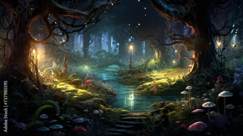 Fantasy landscape with a path in the forest at night