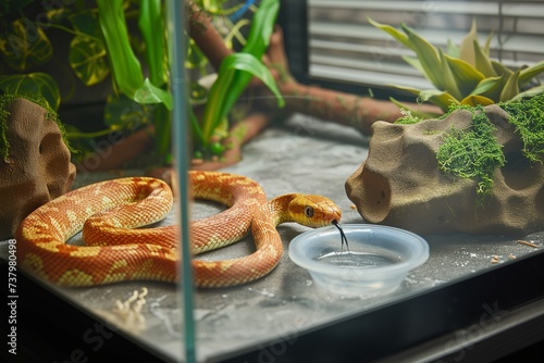corn snake coiled in a glass terrarium with a water bowl and hide