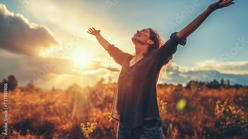 Smiling woman with arms raised in sunset