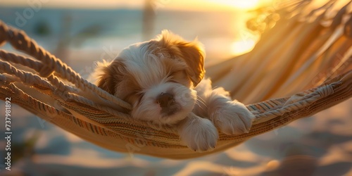 Adorable puppy peacefully dozing on beach hammock as sun sets. Concept Puppy Naptime, Beach Hammock, Sunset Serenity, Cute Canine, Peaceful Pup
