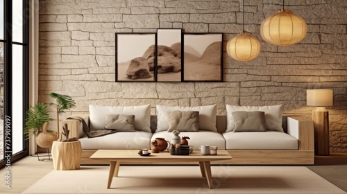 Modern composition of japandi interior with design beige sofa, natural colors paintings, stone tables, stylish furniture, decoration and personal accessories.