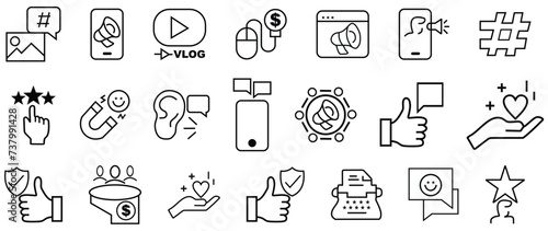 Influencer and Social Media Marketing, thin line icon set. Symbol collection in transparent background. Editable vector stroke