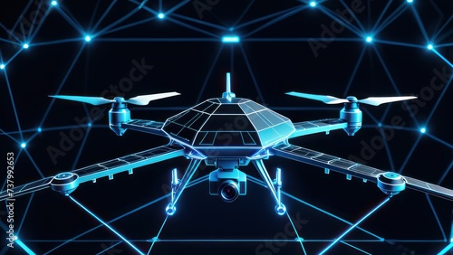 Futuristic Drone Technology Abstract. Digital wireframe of drones flying, blue neon glow. low poly background with connecting dots and lines. Futuristic digital low poly 3d drone. generative, AI