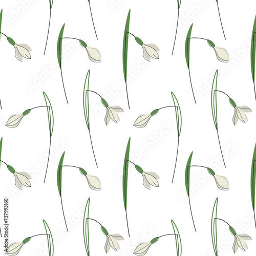 Snowdrops flowers spring seamless pattern repeating background hand drawn flat vector illustration. Texture ornament with glade forest flower plants for wrapping banner flyer card print paper textile