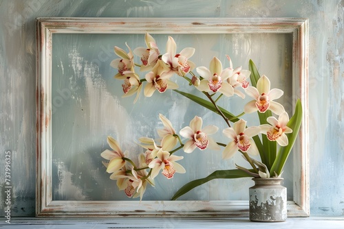 A delicate cymbidium orchid sits in a frame amidst a springtime background. Concept Floral Still Life, Orchid in Frame, Springtime Beauty, Delicate Elegance, Serene Composition