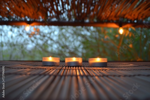 closeup of bamboo mat with lit candles and open space above