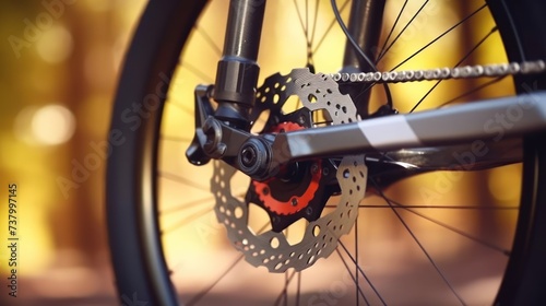 Part of the bicycle's braking system. Grey metal brake disc and brake pads on road bike