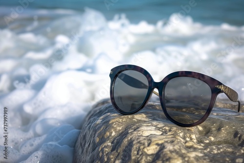 sunglasses on a rock, tide coming in behind