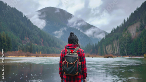 Traveler contemplates misty mountains from forest lake.
