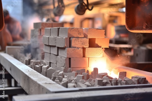 A close-up view of a refractory brick in an industrial setting, with a blurred background showcasing heavy machinery and a bustling work environment
