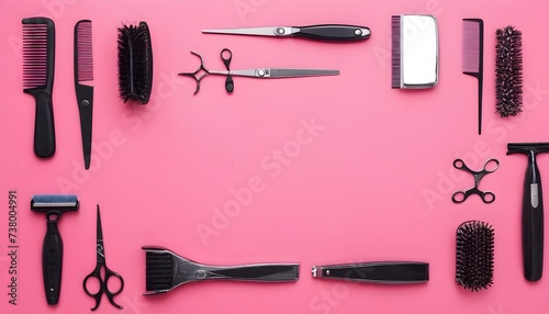 Shaving, Razor, brush, Comb, scissor, clippers and hair trimmer. Accessories for Barber shop equipment on pink background