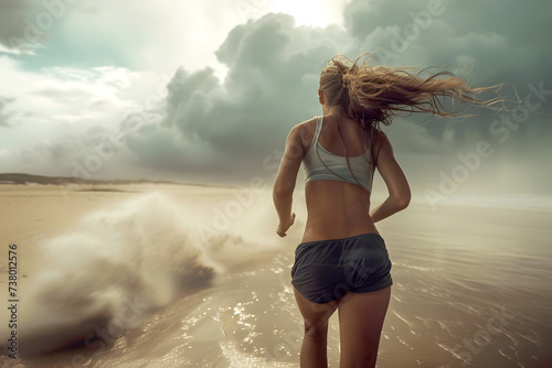 Girl running on the beach on a stormy day