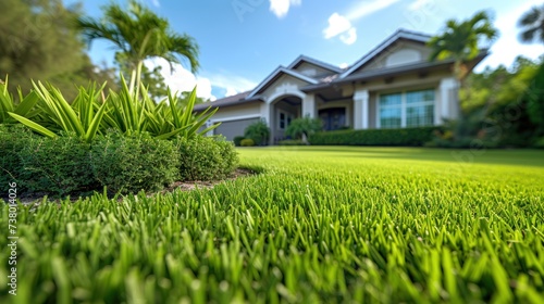 Real estate. Luxury residence, hotel, beautiful holiday resort house on the background of a green lawn with palm tree