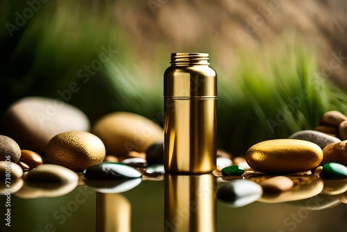 anidized gold aluminium deodorant spray container on pebbles background