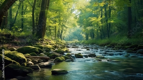 River stream in the mountains. Mountain river stream in woods, generate AI