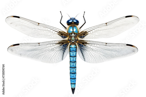 Blue Dragonfly Perched. A blue dragonfly sits gracefully on top of a white surface, showcasing its vibrant colors and delicate wings.